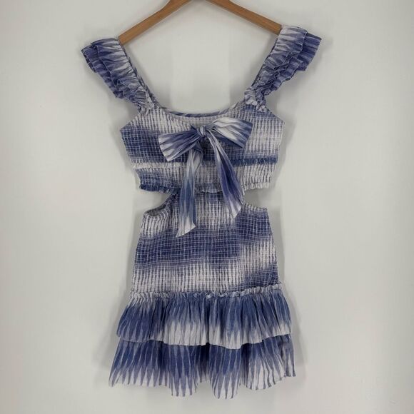 SAYLOR Carlynn Smocked Cut-out Mini Dress in Blue/White | Small - Picture 4 of 8
